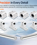 Complete Linear Motion Rod Kit With Two 8mm By 400mm Linear Rods, Four SCS8UU Bearing Blocks, Four SK8 Shaft Supports, And L Shaped M3 Allen Wrench For Smooth, Stable And Pro Grade Motion You Can Trust, showing rods and blocks