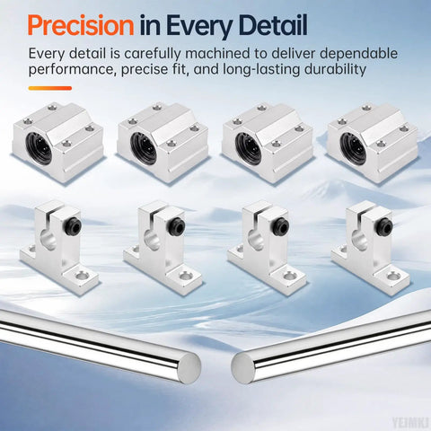 Complete Linear Motion Rod Kit With Two 8mm By 400mm Linear Rods, Four SCS8UU Bearing Blocks, Four SK8 Shaft Supports, And L Shaped M3 Allen Wrench For Smooth, Stable And Pro Grade Motion You Can Trust, showing rods and blocks