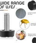 Forty Piece Heavy Duty M6 Thread Adjustable Furniture Levelers And Screw In Feet To Squash Wobbly Tables And Chairs Quick With Grip Tight Glides That Stop The Wobble Forever For Indoor Or Outdoor Setup close-up of M6 threaded furniture leveler with details on its uses.