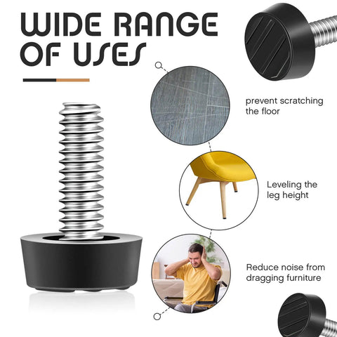 Forty Piece Heavy Duty M6 Thread Adjustable Furniture Levelers And Screw In Feet To Squash Wobbly Tables And Chairs Quick With Grip Tight Glides That Stop The Wobble Forever For Indoor Or Outdoor Setup close-up of M6 threaded furniture leveler with details on its uses.