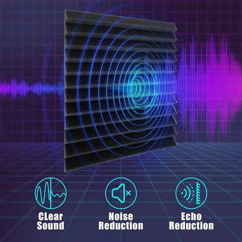 52 Pack Wedge Acoustic Foam Panels With Heavy Duty Self Adhesive To Ditch Echoes And Tame Bouncy Sounds Quick Peel Setup For Home Studios Gaming Rooms And Workspaces 1X12X12 Inches with sound wave graphics.