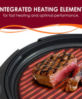 EMG 980BX Indoor Electric Round Nonstick Grill with steak on integrated heating element for fast heat