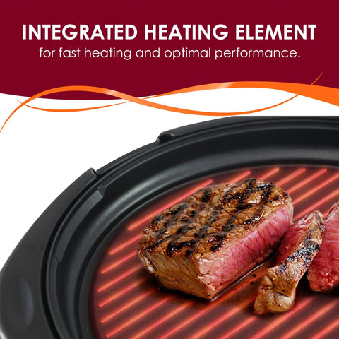 EMG 980BX Indoor Electric Round Nonstick Grill with steak on integrated heating element for fast heat