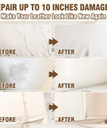 Image depicting before and after results of using Leather And Vinyl Repair Kit For Furniture And Car Interiors Fix Scratches Tears Holes And Peeling On Couches Purses Jackets With Easy Step By Step Instructions on damaged leather.