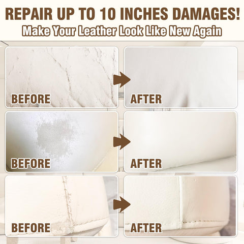 Image depicting before and after results of using Leather And Vinyl Repair Kit For Furniture And Car Interiors Fix Scratches Tears Holes And Peeling On Couches Purses Jackets With Easy Step By Step Instructions on damaged leather.