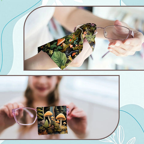 Mushroom-patterned microfiber glasses cleaning cloths, 6.3×6.3 in, 6-pack for eyeglasses and phone screens.