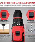 21V Max Cordless Drill Driver Kit With 2 Batteries And Charger showing speed settings and drill bit uses