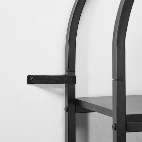 Close-up of Rustic Vintage 4-Tier Arched Metal Storage Bookcase detailing metal frame and wall strap for stability.