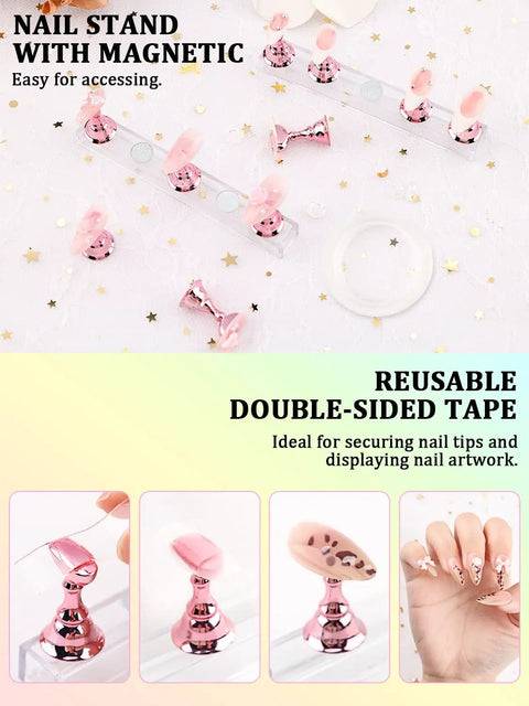 Pro Nail Art Tools Set For Press On Nails magnetic stands and reusable tape with nail design example.
