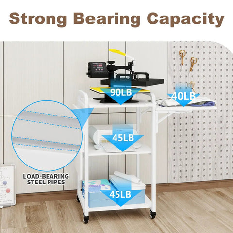 Three Tier Movable Heat Press Table With Foldable Stand And Workbench For Heat Transfer Machines showing weight capacity