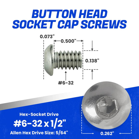 Road Ready 18 8 Stainless Steel Button Head Socket Cap Screws 6 32 X 1/2 Inch full thread with hex-socket drive dimensions.