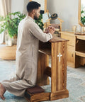 Solid Wood Prayer Bench With Shelf Comfy Cushioned Kneeler and Table Chair Rustic 23 x 20 x 32 Inches in Home Setting