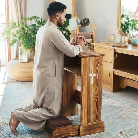 Solid Wood Prayer Bench With Shelf Comfy Cushioned Kneeler and Table Chair Rustic 23 x 20 x 32 Inches in Home Setting