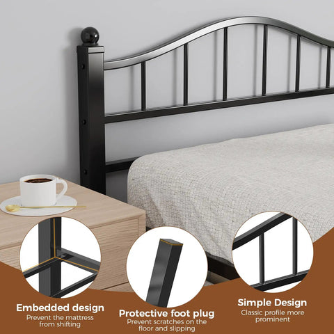 Rock Solid Full Size Metal Bed Frame With Headboard Heavy Duty Steel Squeak Free Design showing embedded design and protective foot plug.