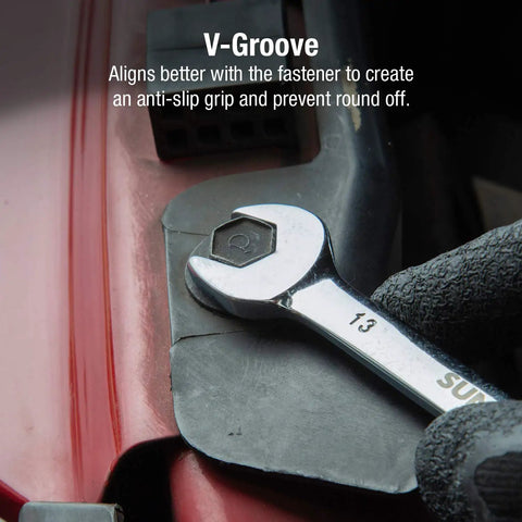 Metric Angle Wrench Set 6mm To 19mm, 14 Piece Pro Grade Alloy Steel 13mm wrench used in auto repair shown in action.