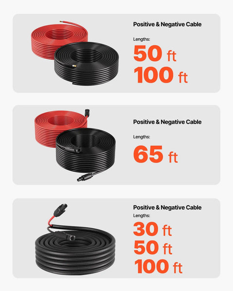 Solar Panel Wire Kit 50 Ft Black And 50 Ft Red, 10 AWG PV Tinned Copper Extension Cable, XLPE Insulation, Various Lengths Display