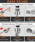 Image showing use steps for Essential 3-Piece Internal External Pipe Threading Tool Kit For Plumber Pros, threading PVC pipes.