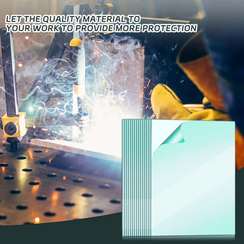 Stack of 20 Pack 4.5 By 5.25 Inch Clear Welding Lenses next to welding action, Replacement Helmet Lenses, 0.04 Inch Thick, Arc Welding Use