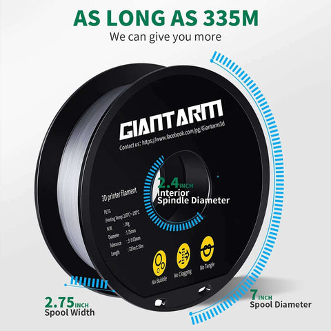 Clear PETG Filament 1.75mm 1kg Spool For 3D Printing, showing dimensions and label details, 335m length