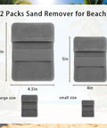 Two Pack Beach Sand Remover Mitts Soft Wipe Off Gloves for Quick Sand Cleanup in two sizes displayed on beach background.