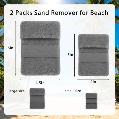 Two Pack Beach Sand Remover Mitts Soft Wipe Off Gloves for Quick Sand Cleanup in two sizes displayed on beach background.