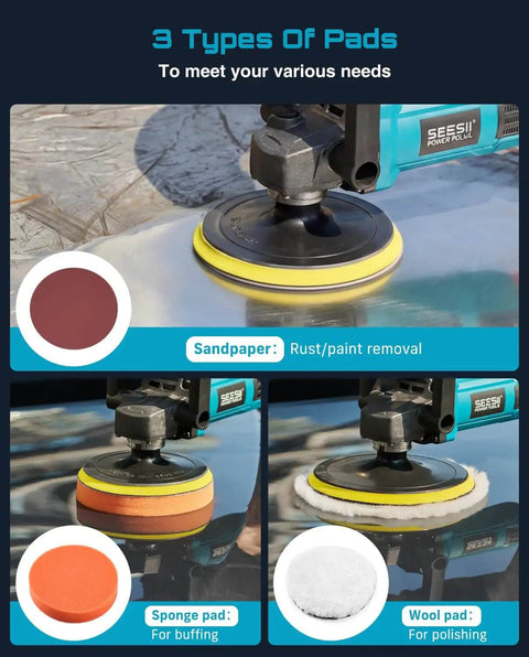 Powerful 1600W Rotary Buffer Polisher With Copper Motor, 7 Inch And 6 Inch Heads, shown with three types of pads for different uses.