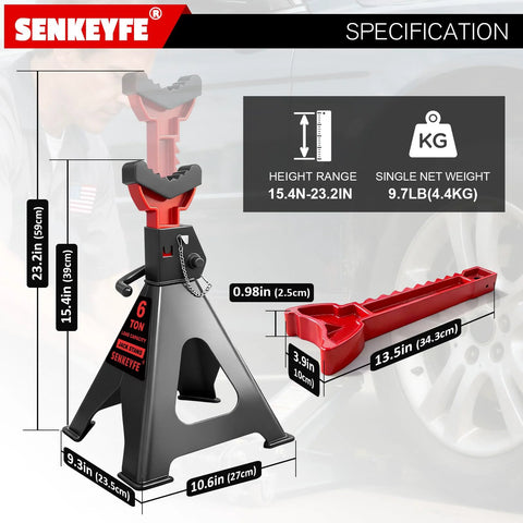 SENKEYFE 6 Ton jack stands, pair; red/black steel with rubber cover and large base, double-pin locking, 15–23 in height.