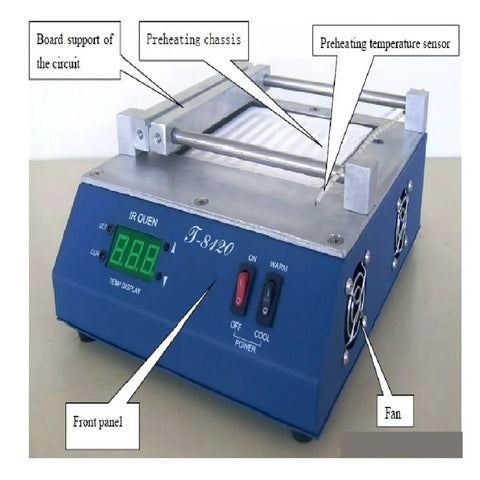 IR Preheating Oven For Soldering And Rework, Go To SMD BGA Hot Air Station With PID Control, blue device with digital display and fan