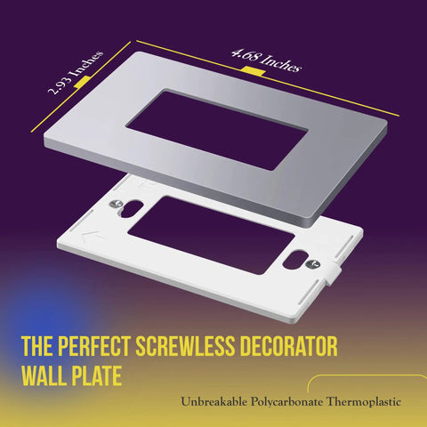 Elite Series Screwless Decorator Wall Plate with Child Safe Outlet Cover in Gloss Silver shown with dimensions 4.68 x 2.93 inches