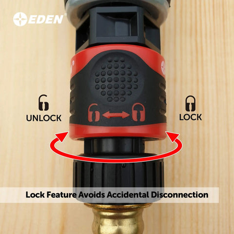 Premium Garden Hose Quick Connect Set With 5-Piece Snap And Lock Fittings showing twist-lock design for secure connections.