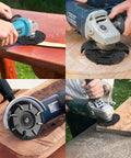 Heavy Duty Wood Turbo Carving Disc Curve Eight Tooth Angle Grinder Blade 103 Mm used on wood surfaces for shaping and trimming.