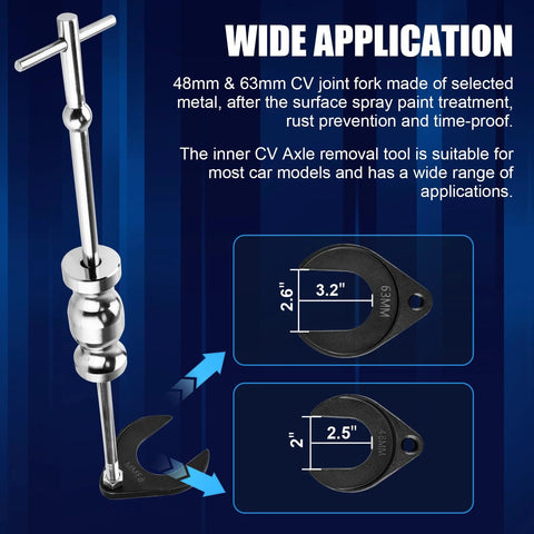 Front view of Clatoon inner CV axle puller tool with 5/8-18 slide hammer and 63mm/48mm CV joint fork adapters