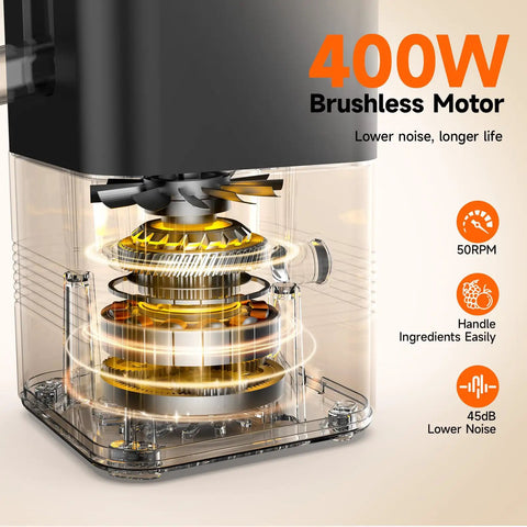 400W Brushless Motor showing internal mechanics for This Super Quiet 400W Cold Press Juicer Boasts A Massive 5.8 Inch Wide Chute For Fast And Easy Prep.