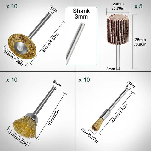 Top Shelf Mini Buffing Kit For Rotary Power Tools Featuring 75 Killer Brass Wire Brushes Heavy Duty Abrasive Felt Wheels And Complete Metal Finishing Gear With Standard One Eighth Inch Shank, various brushes showing sizes.