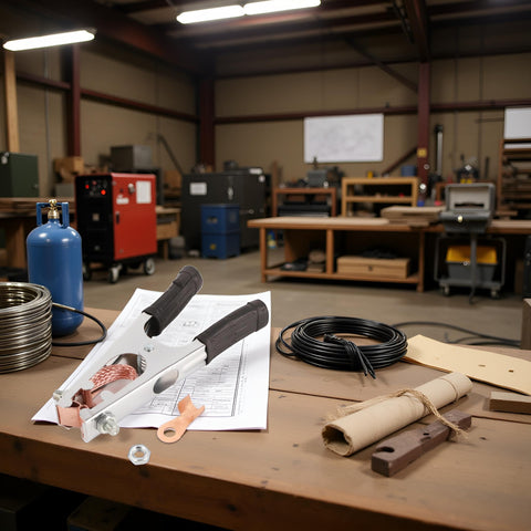 Heavy Duty 500A Welding Ground Clamp With Rubber Sleeve And Insulated Handle on workshop table with welding equipment