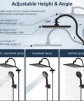Diagram of 10 Inch Rainfall Shower Head And Handheld Combo With 12 Inch Adjustable Curved Arm detailing spray patterns and angles.