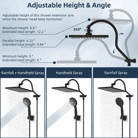 Diagram of 10 Inch Rainfall Shower Head And Handheld Combo With 12 Inch Adjustable Curved Arm detailing spray patterns and angles.