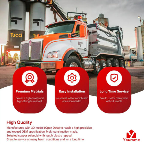Dump truck with "Premium Materials, Easy Installation, Long Time Service" icons and text overlay, parked at industrial site.