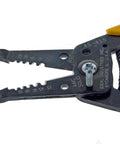 Close-up of Premium Reflex T5 Wire Stripper for 10 to 20 AWG with plier nose, slide lock, and textured grips, yellow handle.