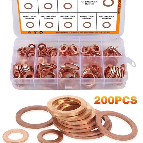 Badass Flat Copper Washers 200 Piece Kit, assorted M5-M14 sizes in organizer box