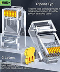 RJ45 Crimp Connectors 8P8C UTP Ethernet Plug For CAT5E CAT5 CAT6 Solid Or Stranded Cable Gold Plated 50 Pack Gigabit Ready Pro Grade Network Cable End Connectors with phosphorus, nickel, and gold layers.