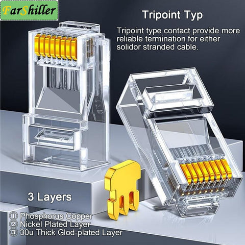 RJ45 Crimp Connectors 8P8C UTP Ethernet Plug For CAT5E CAT5 CAT6 Solid Or Stranded Cable Gold Plated 50 Pack Gigabit Ready Pro Grade Network Cable End Connectors with phosphorus, nickel, and gold layers.