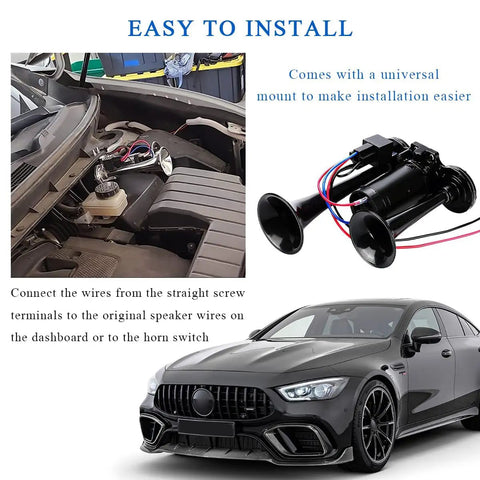 No Nonsense High Output 12V Dual Trumpet Car Air Horn With Compact Compressor shown in an engine bay for easy installation.