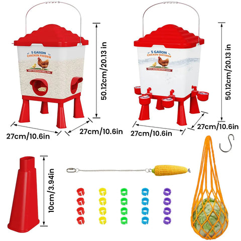 Two 5-gallon All In One Chicken Feeder And Waterer Set with cups, accessories, and dimensions for poultry coops.