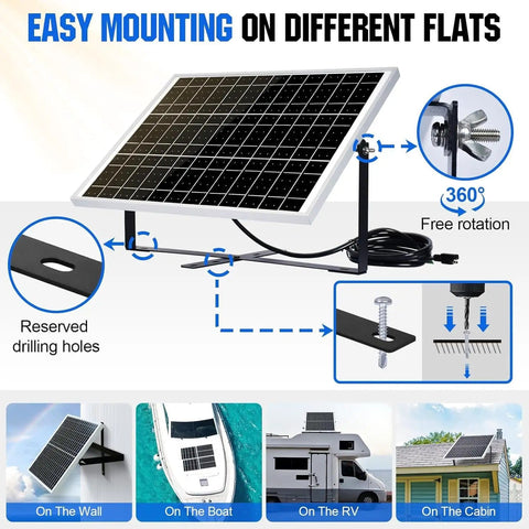 Off Grid 25W 12V Solar Battery Charger Kit with waterproof panel on adjustable mount bracket for easy flat mounting