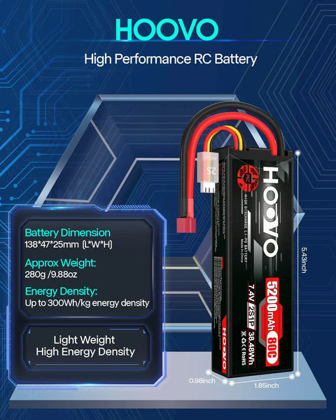 Beefy 2S 7.4V 5200mAh 80C LiPo Battery Pack With Durable Hard Case And T Plug Connector for RC vehicles showcasing weight and dimensions