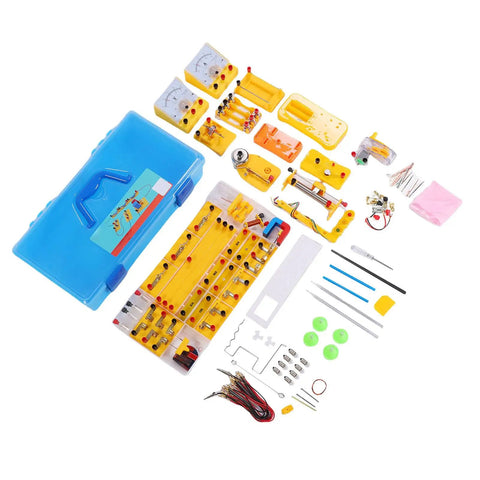 Hands On Electricity And Magnetism Lab Kit With Over 68 Projects, Circuits, Ohms Law, Electromagnet, Motors, And Storage Box For High School Science Class, including components like ammeter and voltmeter displayed with blue storage case.