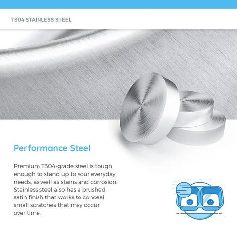 Close-up of T304-grade stainless steel finish for 2718-16 16 Gauge 304 Grade Stainless Steel Single Bowl Kitchen Sink With Wide Curved Corners Built To Last Easy Clean Modern Industrial Look Rock Solid Construction Quiet Scratch Resistant High Quality Finish