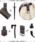Medieval Belt Accessory Set 5 Piece For Renaissance Costumes With Viking horn and dagger holster in faux leather brown