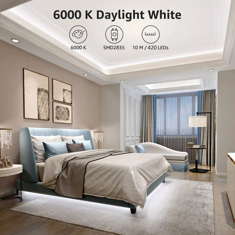 Elegant bedroom lighting with 32.8 Foot Dimmable LED Strip Light With 600 High Brightness 2835 LEDs Daylight White 6000K